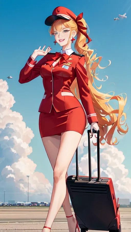 A tall gorgeous young happy flight attendant, walking outside and airplane, red uniform and cute flight attendant hat, frilly, stilettos, long curly blonde hair in a ponytail, very long legs, makeup, opulence, earrings, tanned, red neck ribbon, fit and toned