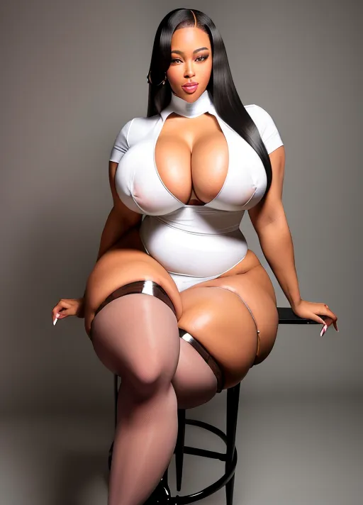 lightskin heavy thick curvy legs spread apart sitting on stool ebony girl (((thick hips))) (((voluptuous))) huge breast open white shirt huge nipples (curvy) huge cleavage thigh high stockings heels full body photo curvy slimthick (((sexy grin)))