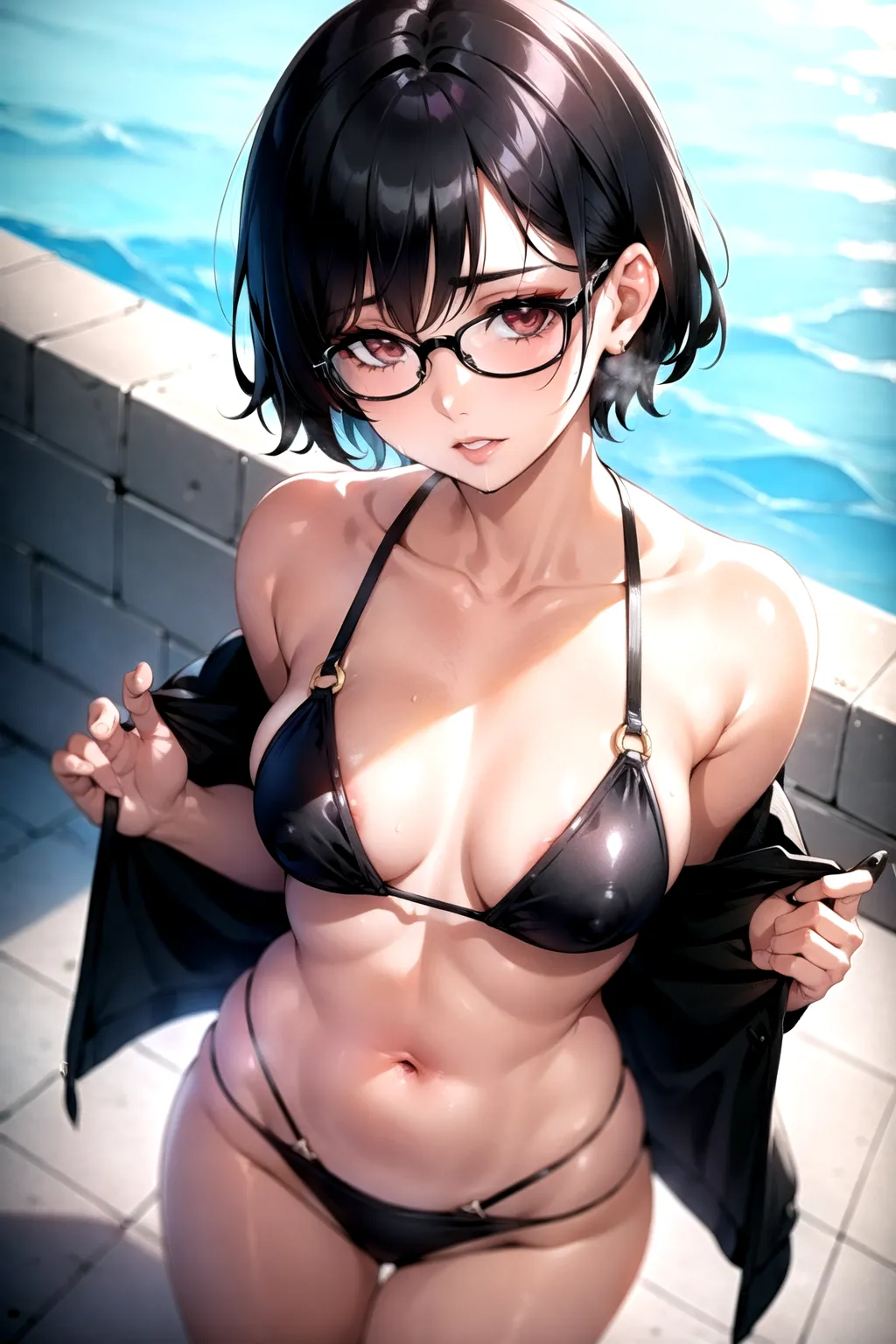 A woman, pixie cut, black hair, glasses, nsfw, small boobs, swim suit