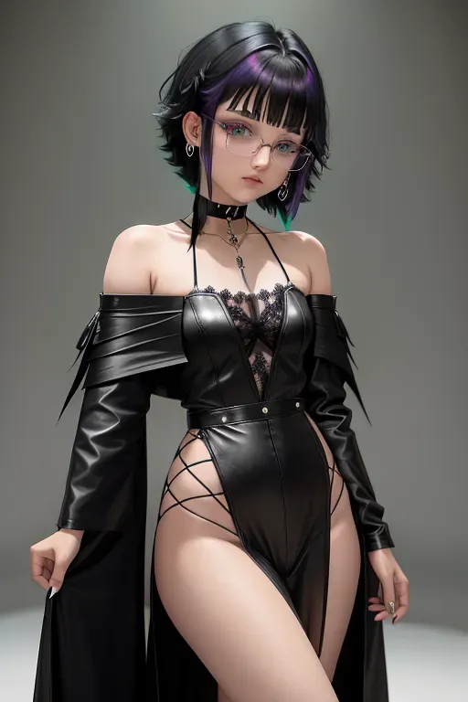 A Raven Claw Teenage Girl with a 2008 emo girl hair cut hair, Her hair is black and going down to her shoulders, she is wearing the raven claw house of hogwarts robes over her body, underneath the robes she has barely tucked away a little lace choker. She also has earrings of little swords going through her earlobe as her earrings, she also has a pair of small glasses that accentuate her green eyes.
