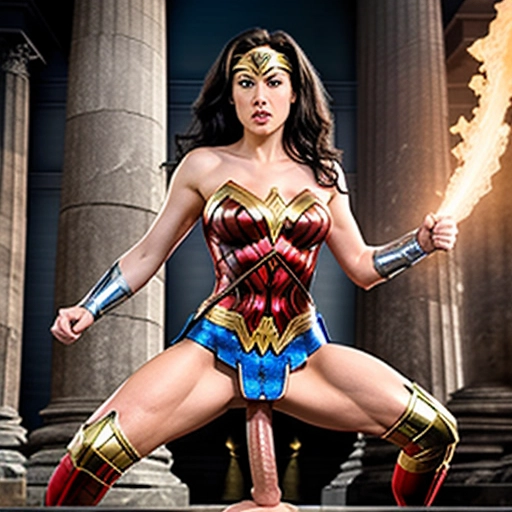 a graphic illustration of Wonder Woman on her knees ((sucking the huge cock)) of an ancient warrior