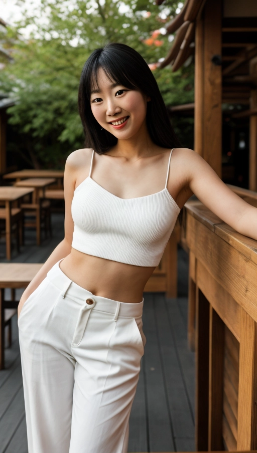 Young Japanese American female student, tall, arching back, long linen pants, white knit bustier, bright skin,very long eyeline make up, shy, thin chest, close up, standing in a Czech beer garden, smile