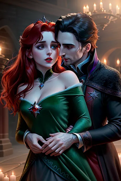 Disney,wide eyes,European,Anna of Arendelle,blood trickling from bite on neck,neck high green velvet modest dress with fold over flap,separate older male Count Dracula in black and red embracing from behind kissing her neck,modest breasts,five fingers per hand,sweet face, beautiful lips,curved eyebrows,straight auburn hair, medium long hair, theateric dramatic club lighting,ultra realistic,pixiv,unreal engine,bokeh, fingers on arched neck, Frozen 2