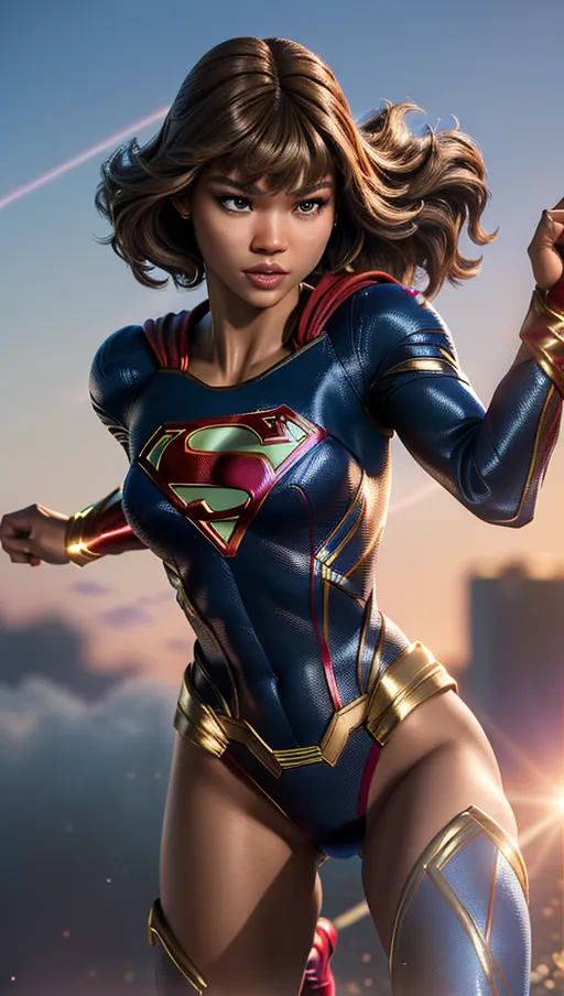 8k quality, Photography of Zendaya as Supergirl, ultra quality, ((full figure)), ((dynamic pose)), full body view, pretty teeth, textured skin, (pores), skin texture, realistic detailed hair, realistic detailed skin, realistic detailed eyelashes, detailed eyes, ultra definition, photorealistic, healthy, ultra realistic detailed skin, realistic detailed hair,