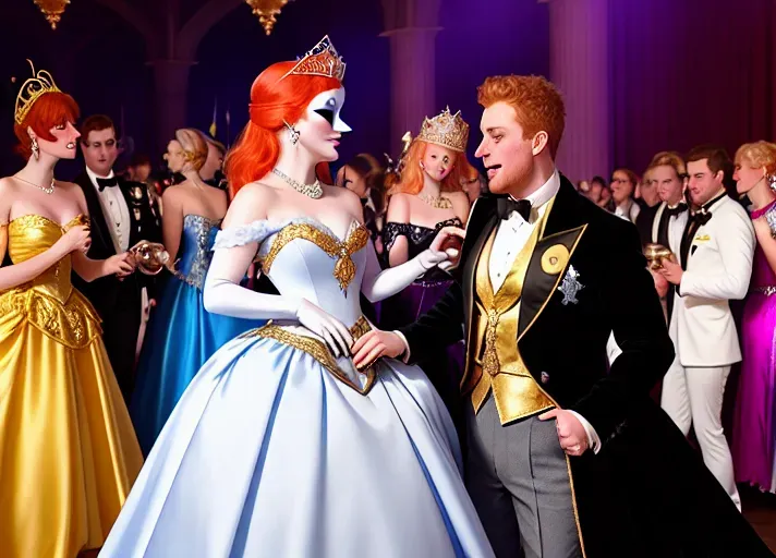 amidst the revelry of a grand late eighteen hundreds masquerade ball, a clumsy servant trips spilling red wine on beautiful, auburn haired, round wide blue eyes Queen Anna of Arendelle wearing a satin, pearl and gold mask, and a pristine white heirloom ball gown. An opportunistic Marquies De Sade looking on. photorealistic. High resolution