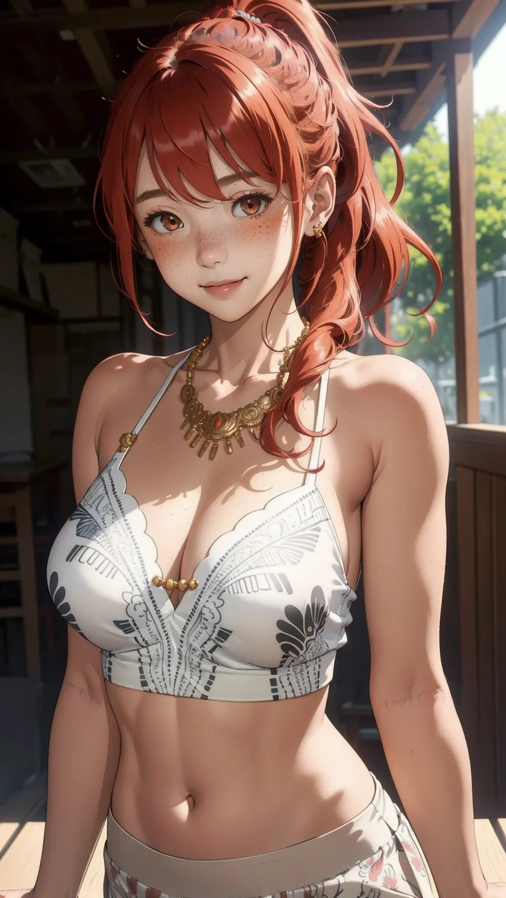 (masterpiece, best quality), 1girl, collarbone, wavy hair, looking at viewer, blurry foreground, upper body, necklace, contemporary, plain pants, ((intricate, print, pattern)), ponytail, freckles, red hair, dappled sunlight, smile, happy,