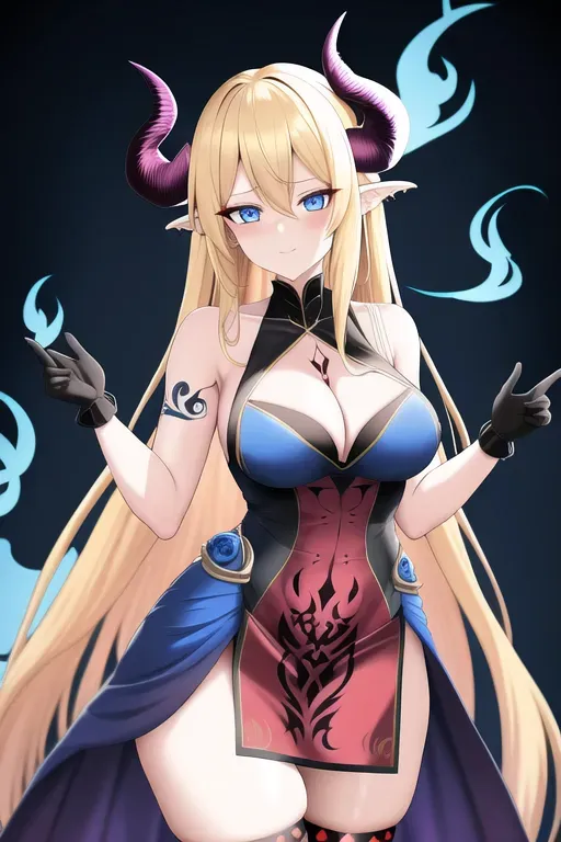 women, blond long hair, blue eyes, demon, tatoo, horns, fire, tail, dress gothic, dragon hands