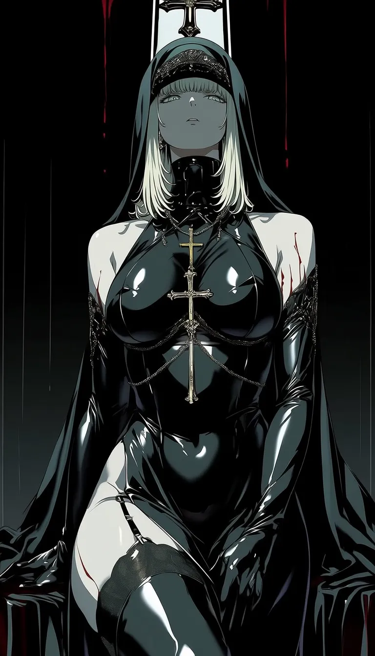 dark_art_style, 1girl, solo, alone, nun, cross necklace, masterpiece, highres