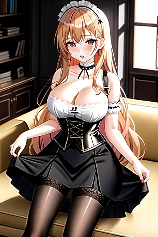 strawberry blonde hair, brown eyes, pale skin, giant breasts, black maid uniform, miniskirt, corset, choker, long hair, high heels, in living room, slim body, holding breast, looking at viewer, 1 girl, cleavage