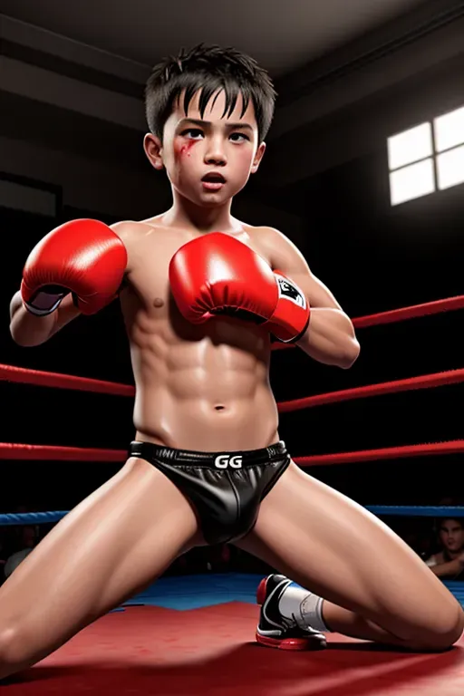 Full body little boy with a aroused expression in a g-string thong and boxing gloves, bedroom, cartoon network, 4k, vibrant colors, trending on deviantart , trends in artstation, high details, sweaty and bruised, sweat, bruised, bulge, wounded, blood, bleeding