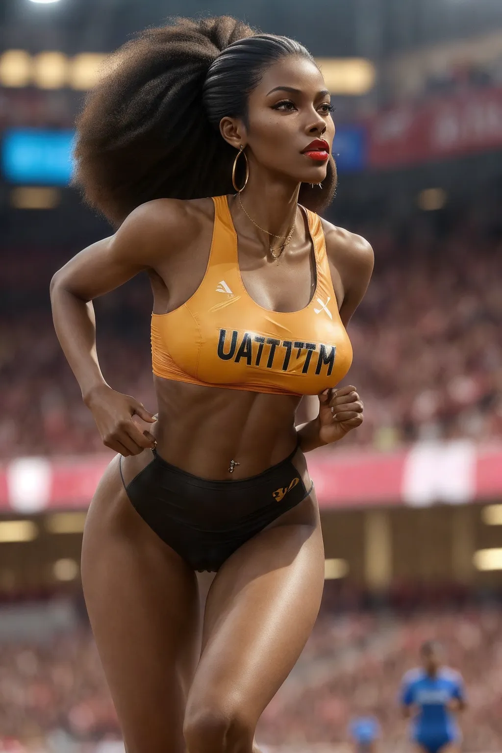 A shot of a young tall black female sprinter running a sprint during competition.
long legs, toned, (very big bouncing tits), (huge bouncing tits), (skimpy outfit), (erect nipples), sneakers, long black hair, long eyelashes, heavy makeup, bright red lipstick, big earrings, long nails, lewd tattoo, camel toe, navel piercing,
gorgeous face, (((detailed face))),(((photo))), highest quality, ultra realistic, artstation, highly detailed, highly detailed, high detail hair, (sharp body), detailed body.