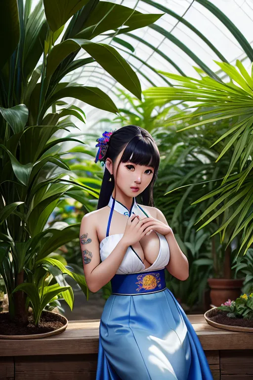 a photograph of,a philippine girl,wearing hanbok,leaning against the wall,in a lush greenhouse,natural breasts,five slender fingers,bangs hairstyle,beautiful face,beautiful lips,blue eyes,curved eyebrows,curved eyelid,tattoo,cgsociety,smooth,cinematic lighting,unreal engine,sharp focus