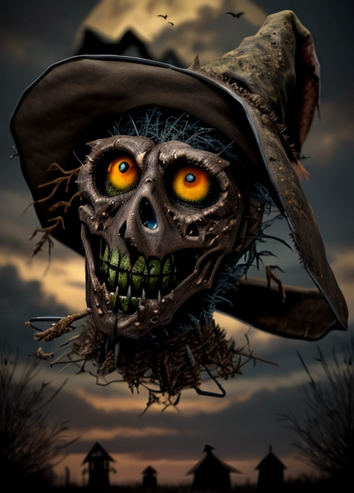 evil scarecrow ,corroded human face ,the eyes are realistic,it wears a witch hat weeds stick out from the side of the face ,the face has stiches up the side, the teeth are all pointed ,it wears a ruffled collar