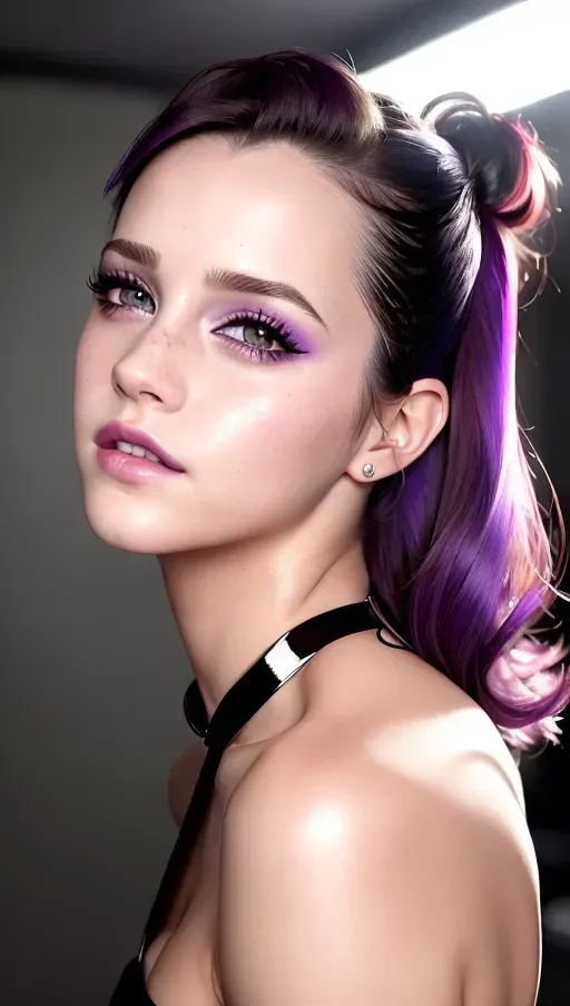 a photo of Emma Watson, wearing a purple satin swimsuit, wearing white pantyhose, standing in a kitchen, five fingers per hand, charming face, beautiful lips, green eyes, curved eyebrows, textured skin, erotic ,wearing dog collar, studio lighting, professional, sharp focus, (((whole body in frame))), shy, orgasm expression, wide shot, ((hairy)) bush, soft morning light, ((high heels), REAR view, vulva exposed, kodachrome, glossy makeup, best quality, sweat, beautiful face, looking at camera, night lighting, breasts, ultra realistic, sexy, latex, vinyl, satin, silk, lace, shein, stunning, ultra realistic, busty, 8k, photo, violet_hinge, blue_eyelashes, eyebrow_black, purple_eyeshadow, fishnet stokings, pigtails, long lashes, red light pouty lips, both pupils same size, long lashes, red light pouty lips, both pupils same size, full body, aroused, very sexy pose, perfect teeth, orgasm facial expression, eyes contact, fit round ass, soaked mouth, oral, tied, close up.