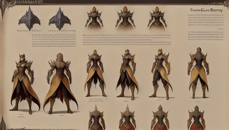 Highly detailed costume, (Video game character design sheet) View from all side character. High quality design masterpiece of ((bestiary style layout page))