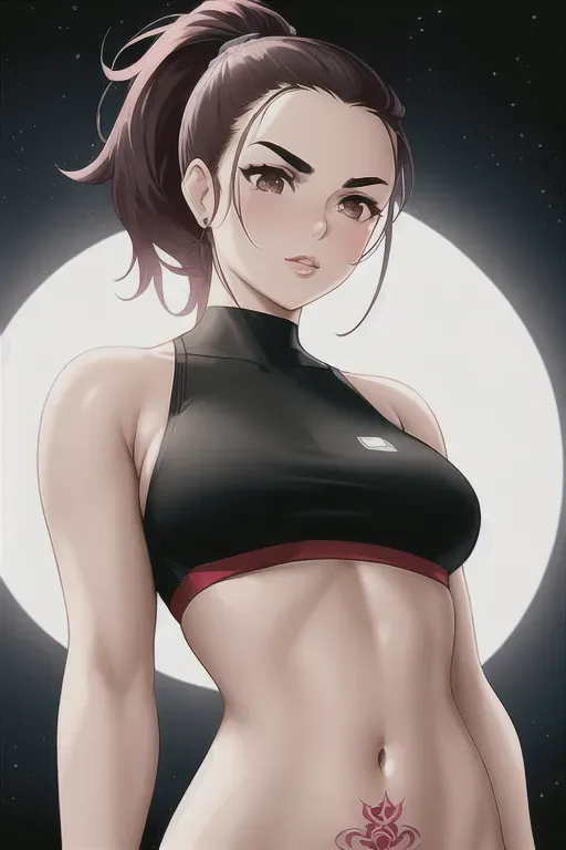 a digital art of,a girl wearing a sports bra,naked,touching breasts,in the space station,five slender fingers,ponytail,charming face,beautiful lips,curved eyebrows,curved eyelid,pale skin,cosy,tattoo,highly detailed,professional,bokeh,editorial,studio lighting