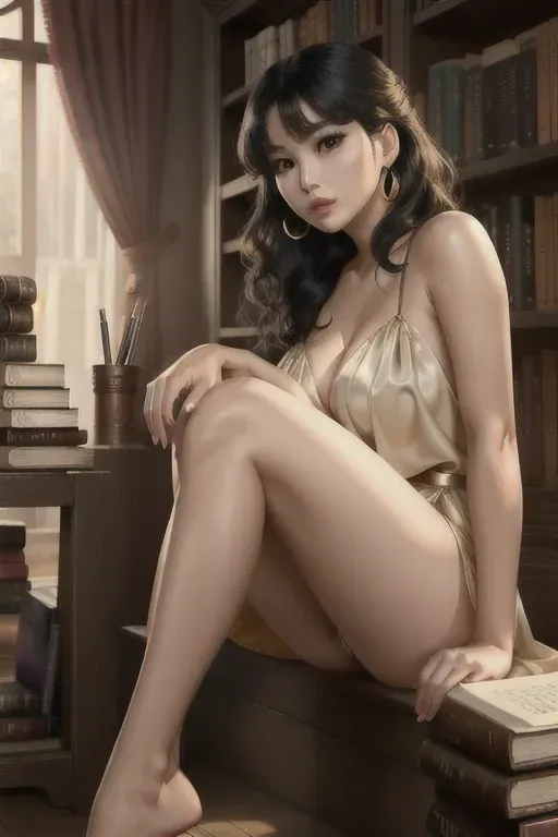 a photograph of,kim so yeon,naked,sitting on bent knees,at the bookstore,five fingers per hand,wavy curtain bang,gorgeous face,beautiful lips,black eyes,curved eyebrows,curved eyelid,wearing golden ring,smooth,professional,surreal,cgsociety,highly detailed