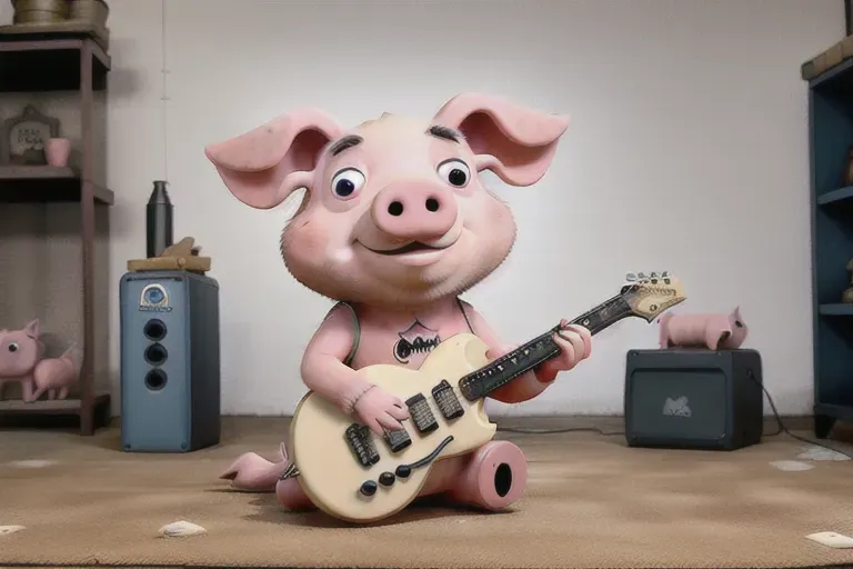 a photo of ,((pig the dog )),(not a man),(not a robot),(not a human) , playing pig destroyer on the guitar