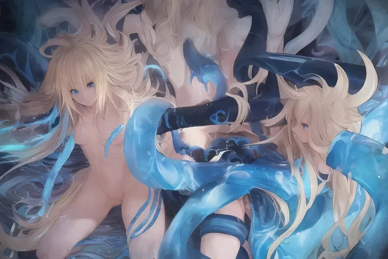 Blonde hair, perfect body, blue eyes, messy hair, tentacle sex, thighighs