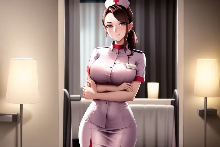 illustration, 20 year old, a nurse, fit, nurse clothes, white, hotel lobby, night, natural light, happy, 8k, professional