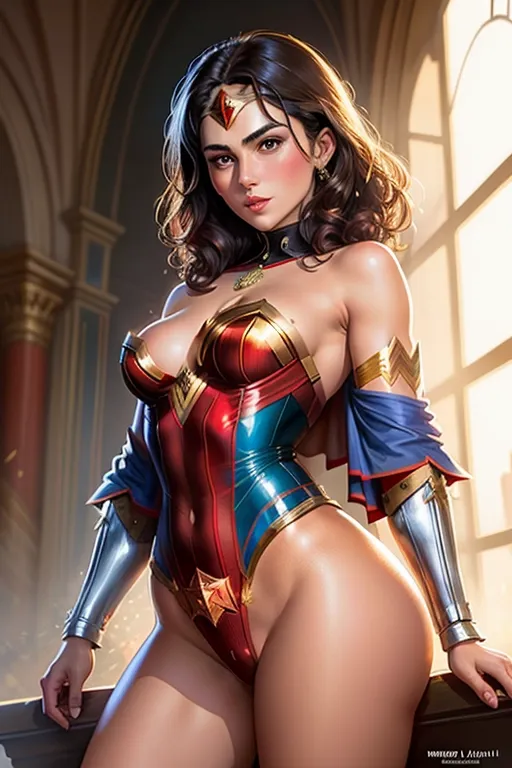a Young Queen Elizabeth the Queen Mother ((accurate face)), ((short dark hair)) as Wonder Woman, ((Wonder Woman style)) leotard, ass pose, small breasts, cute and sexy, highly detailed, professional, legs spread, city buildings in the background, intricate motifs, organic tracery, perfect composition, warm dreamy tones, digital painting, artstation, concept art, smooth, sharp focus, illustration, Carne Griffiths, pixar, Michael Garmash, Frank Frazetta, Victo ngai, Jean Baptiste Monge, shiny aura,