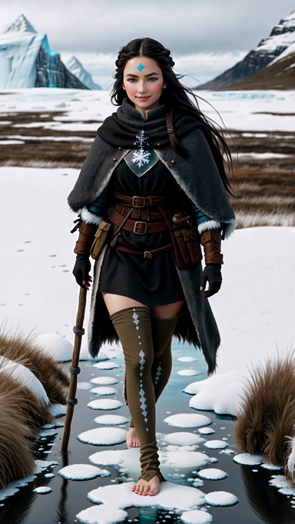 full-body image of a fit tan thin beautiful barefoot German adventurer woman with long hair wearing medieval adventurer attire while exploring an icy tundra, (beautiful petite feminine feet: 1.2), (barefoot: 1.3), (wearing warm black medieval adventurer attire: 1.2), (long dark hair: 1.2), (German woman: 1.3), (icy tundra: 1.4), (black toenails: 1.2), (gloves: 1.2), (tights: 1.2), (magic markings on feet: 1.3), (smug smirk: 1.2),