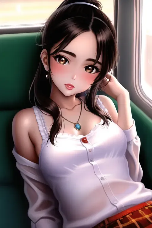 a oil painting of,a french girl,wearing halloween clothes,lying,in the bus,small breasts,five fingers per hand,ponytail,beautiful face,beautiful lips,brown eyes,curved eyebrows,textured skin,romantic,wearing necklace,pixiv,sharp focus,surreal,smooth,editorial