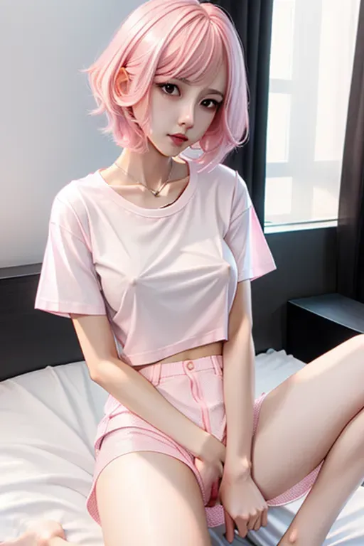 trans girl, feminine, slender, she has an erect penis, precum dripping from tip, short straight pink hair, no pants, white shirt tee shirt, small tits, no bra, on knees, legs spread