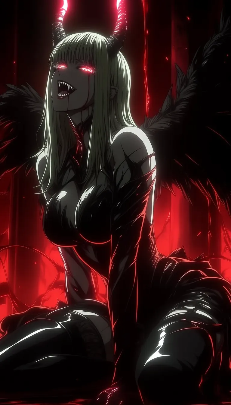 dark_art_style, 1girl, solo, demon girl, succubus, bat wings, black wings, horns, fangs, sharp teeth, long hair, blonde hair, red eyes, glowing eyes, seductive, aggressive expression, open mouth, gothic outfit, black dress, lace, feather details, dark fantasy, sitting pose, leaning forward, looking at viewer, red background, blood red lighting, dramatic lighting, high contrast, intense atmosphere, shadows, cinematic lighting, ultra detailed, masterpiece, best quality