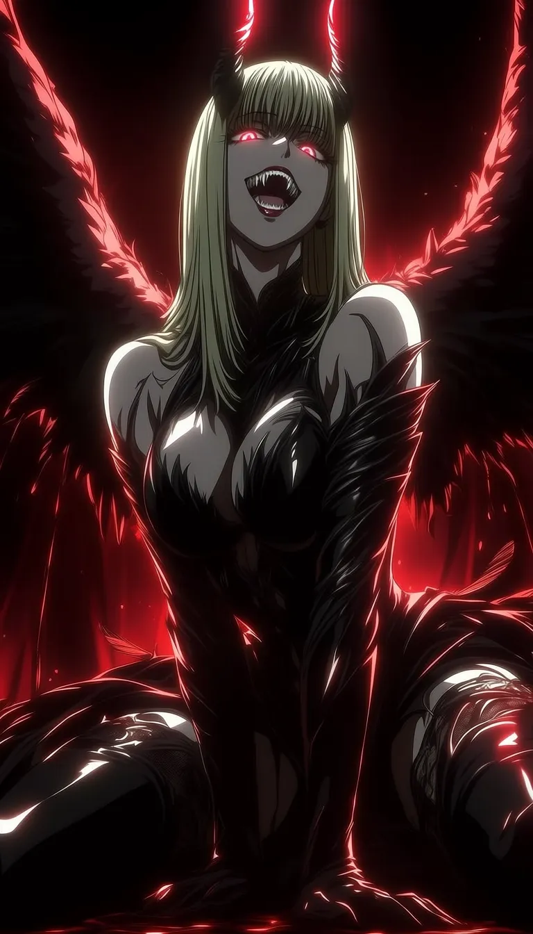 dark_art_style, 1girl, solo, demon girl, succubus, bat wings, black wings, horns, fangs, sharp teeth, long hair, blonde hair, red eyes, glowing eyes, seductive, aggressive expression, open mouth, gothic outfit, black dress, lace, feather details, dark fantasy, sitting pose, leaning forward, looking at viewer, red background, blood red lighting, dramatic lighting, high contrast, intense atmosphere, shadows, cinematic lighting, ultra detailed, masterpiece, best quality