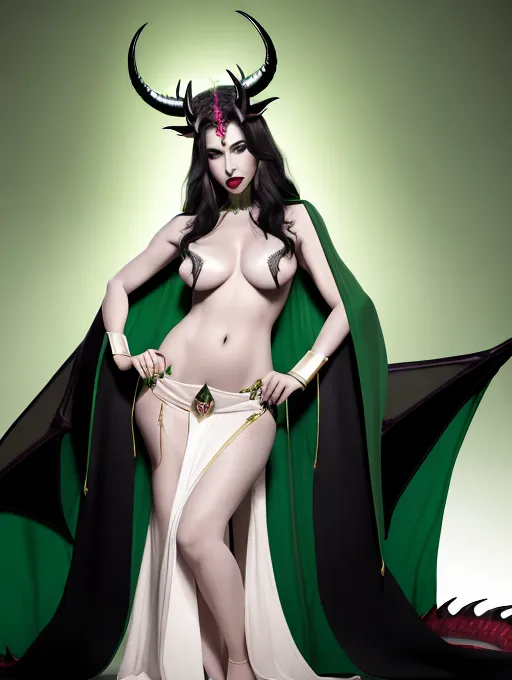 Full color, tall thin and fit woman, larger horned green and black dragon headdress, bright side lighting with deep shadow a and contrast, pale skin, standing with full body exposed, winged cape draped over shoulders, dark red lips, vagina visible, pussy open and exposed, small breasts with small nipples, seductive pose