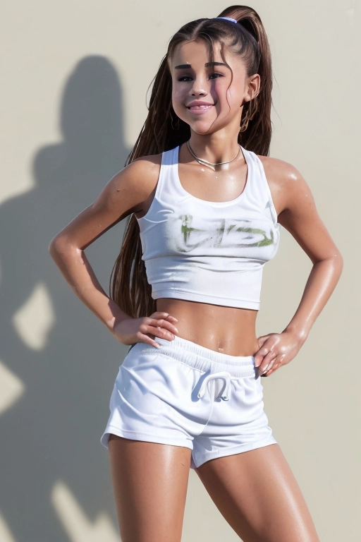 UHD 64K photorealistic color photograph of eighteen year old ((perfect mix of Ariana Greenblatt and Selena Gomez)), running with female track team, skinny, athletic, thigh gap, hip bones visible, (((small breasts, flat chested), perky breasts, hard nipples)), braless, no bra, ((no panties)), tight pussy, perfect pussy, extra thin white t-shirt, (hard nipples visibly pressing on inside of t-shirt), short cut-off t-shirt, wet t-shirt clings to breasts, breasts visible through wet t-shirt, extremely short cotton gym shorts, low waist drawstring gym shorts, wearing lip gloss, wet lips, choker, smiling, eager to please, oily skin, damp skin, (looking at camera), ((show full body)),
highly detailed face, ultra realistic, hyper realistic