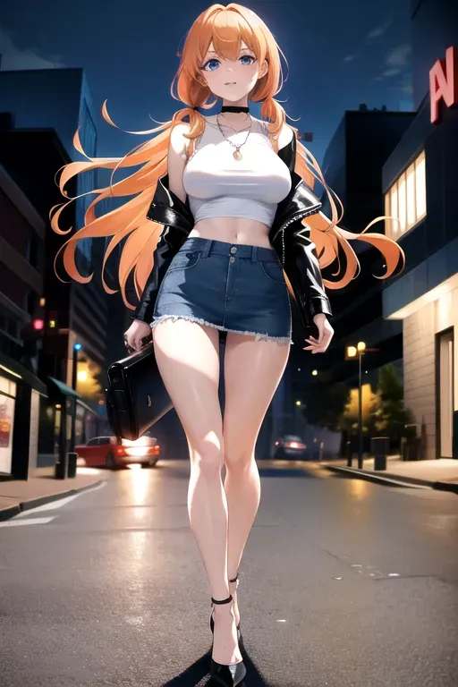 full body, strawberry blonde hair, hazel eyes, short girl, denim miniskirt, black high heels, looking at viewer, long hair, pale skin, silver necklace, black crop top, 24 years old, giant breasts, cute face, pov, wavy hair, city environment, Oklahoma City, wide eyes, erotic, skirt tug, leather jacket, nighttime, black backpack, slim body, low pigtails, running towards camera