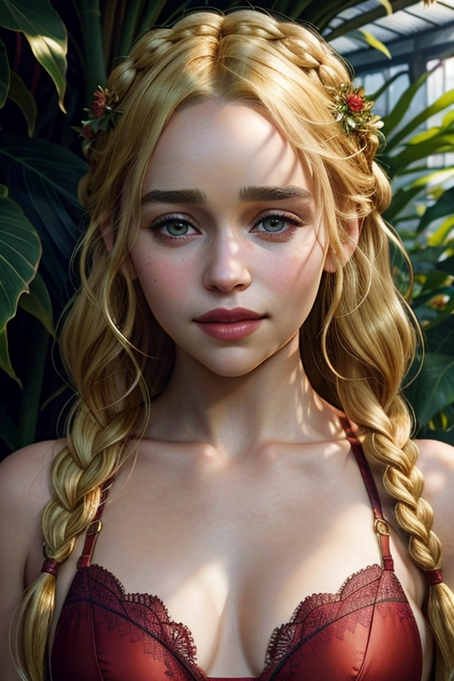 Emilia clarke in a lush greenhouse, intricate, red lingerie, blonde hair, smiling, small breasts, portrait, close up, braided hair, absurdres, realistic skin, textured skin, hyperrealistic, (masterpiece 1.4), best quality, ultra hd photo, sharp focus, detailed facial features, detailed bright eyes, extremely detailed anatomy, photorealistic