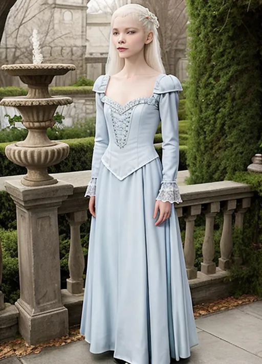 a photo of, juliet landau as drusilla, she is a delicate frail poisonous flower, platinum blonde albino, she is hungry, elegant lacy shift chemise, if she could feel the cold she would be freezing
