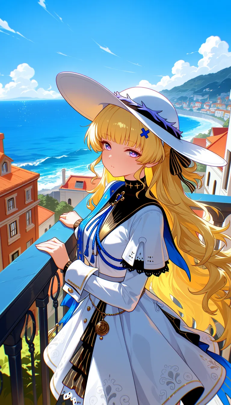 masterpiece, best quality,score_7,
1girl, phoebe \(wuthering waves\), tacet mark \(wuthering waves\), blonde hair, outdoors, white dress, long sleeves, hat, ocean, day, looking at viewer, upper body, fence
A portrait illustration of phoebe from wuthering waves in anime style, standing on a balcony overlooking the ocean. She is surrounded by a railing, buildings, and a hill in the background. The image giving it a lively and vibrant feel.
