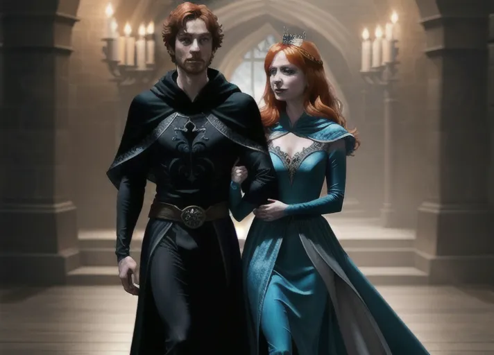 Sweet bright cheerful beautiful elegant auburn haired in a low hanging bun wide eyed Queen Anna of Arendelle portrayed by Melissa Benoist in teal and dark green velvet unveiling ceremony gown.
Arm in arm with a strong masculine debonair Marques de Sade in a black hooded cape and white powered wig,
horror
