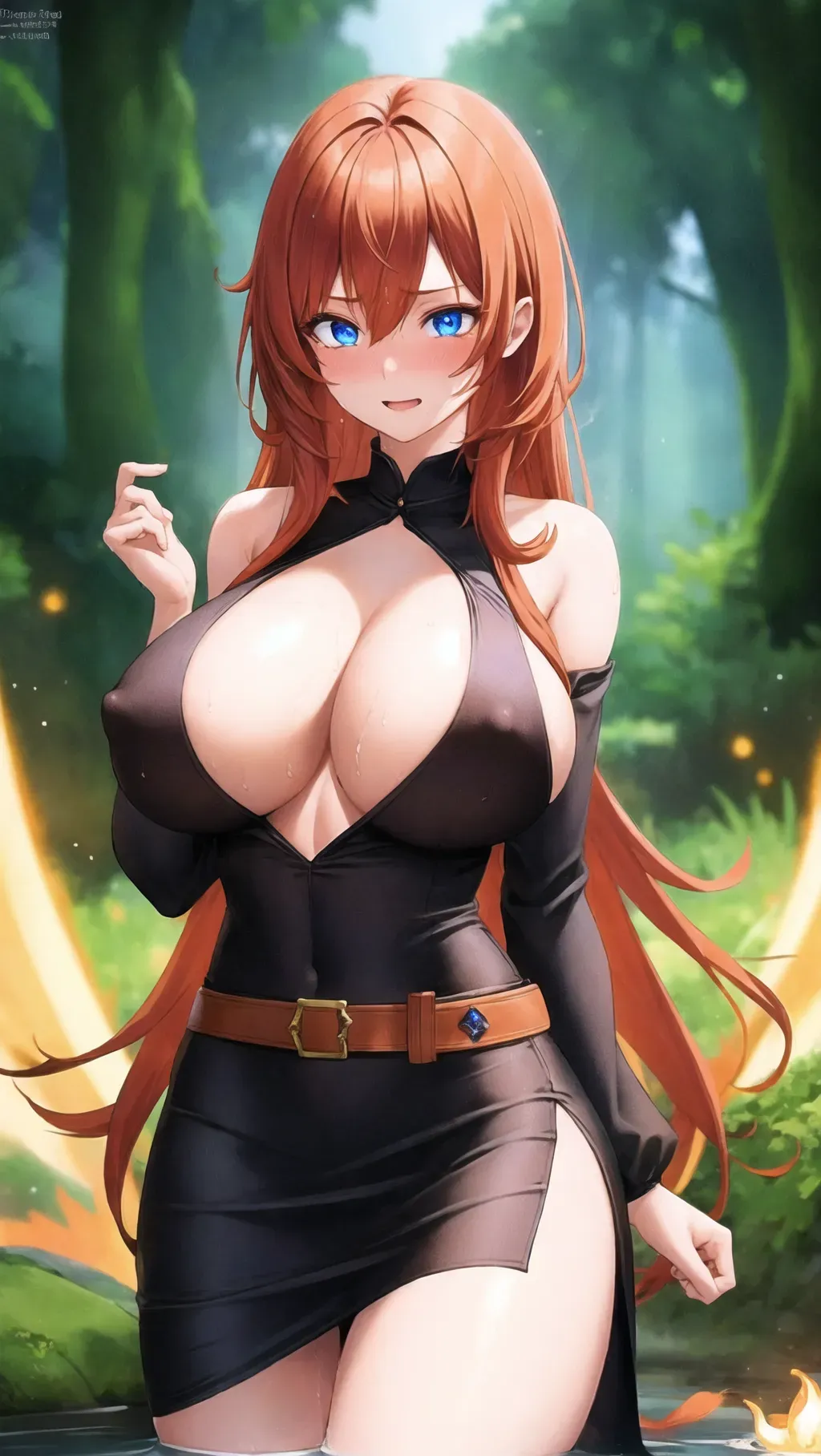 Female focus, 1girl, perfect lighting,
A sexy sorceress with huge boobs wearing a very tight black dress with a brown belt buckle, red hair, orange hair, masterpiece, best quality, emotional , embarrassed, best colors, 4K resolution, best colors, vibrant colors, deep colors, blushing face, submissive, submissive personality, shy, trembling, forest background, detailed background, great eyes, glowing eyes, very detailed eyes, beautiful face, soaking wet, wet clothes, wet skin, glowing bright blue eyes, exposed nipples,