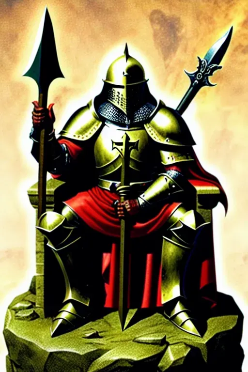 a crusader knight covered in blood and scarred and bruised sitting in a throne on top of a mountain of his slain enemies and is holding the holy grail and staring at it with his axe leaning against his chest and shoulder