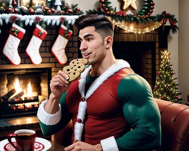 super fit athletic guy with big biceps in a santa outfit, punching a cookie midai, chugging a gallon jug of milk, standing in front of a christmas tree and fireplace. a plate of cookies are siting on a coffee table, cookies fragments are going flying as he eats. the christmas tree is covered in ornaments and colored lights. there is a mantle above the fireplace with wreaths, (cookie flying past his face in all directions), real life, photorealistic, photo,
