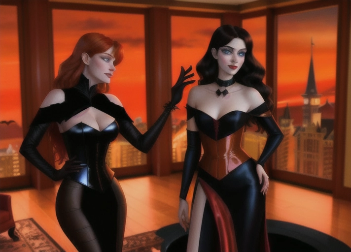 midnight in the luxury penthouse suite at Hotel Transylvania, Beautiful long auburn haired with large deep blue eyes Queen Anna of Arendelle in elegant black gothic style posing hypnotized, in the hungry embrace of her new vampiric very pale short black haired friend Mavis with a blood thirsty smile from Hotel Transylvania convincing Anna to join her as a vampire. photorealistic. photorealistic.