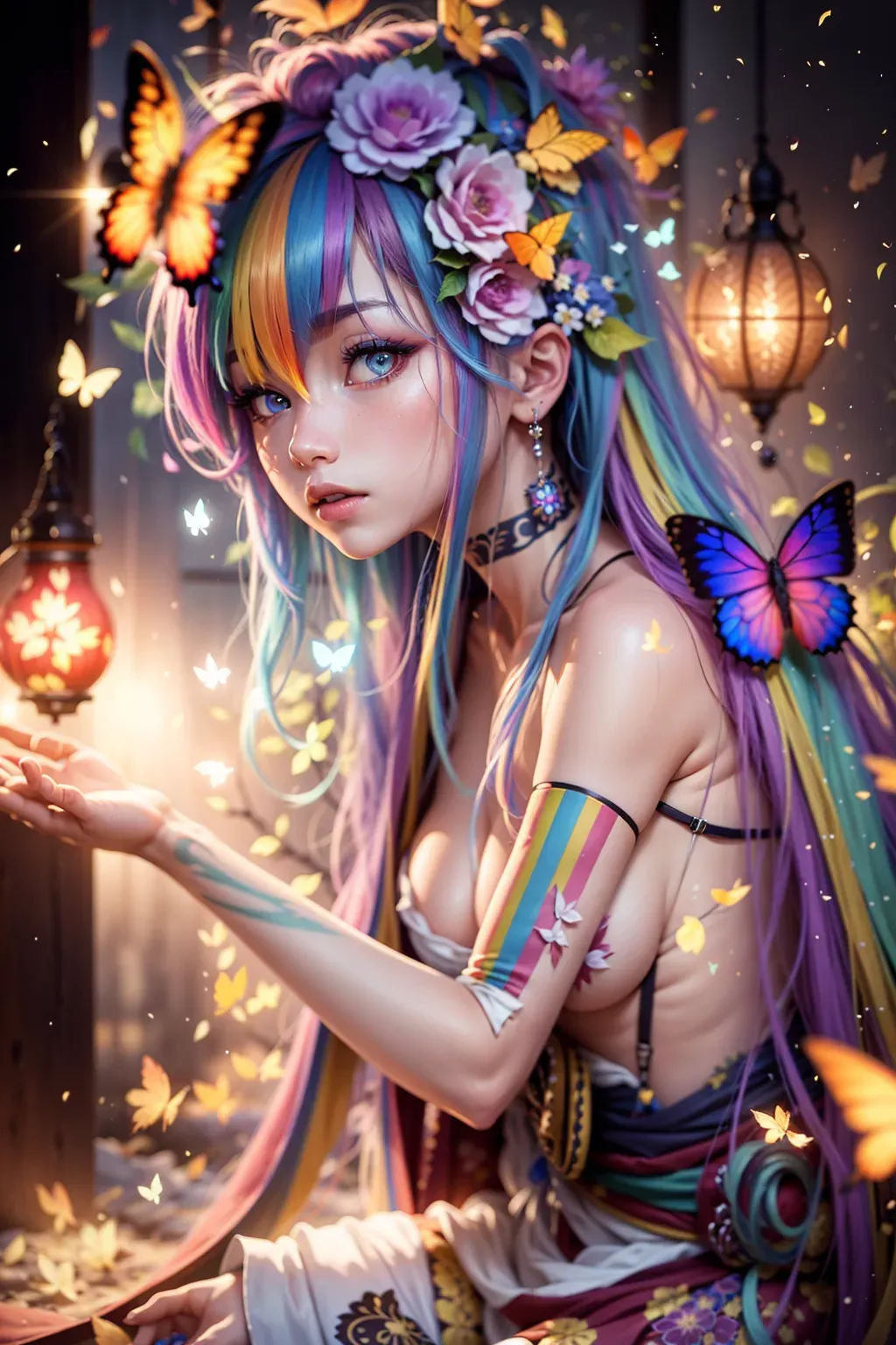 8k, digital photo of, beautiful girl, (rainbow-colored hair, revealing clothes, exposed breasts, exposing both breasts, rainbow-colored kimono, rainbow-colored eyes, butterfly hair ornaments, pale skin that glistens in the sun), outdoors, sakura trees, (beautiful detailed eyes, symmetrical eyes), dramatic lighting, (photorealism:1. 5), (photorealistic:1. 4), (8k, RAW photo, masterpiece), High detail RAW color photo, a professional photo, realistic, (highest quality), (best shadow), (best illustration), ultra high resolution, highly detailed CG unified 8K wallpapers, physics-based rendering, photo, realistic, realism, high contrast, hyperrealism, photography, f1. 6 lens, rich colors, hyper-realistic lifelike texture, cinestill 800