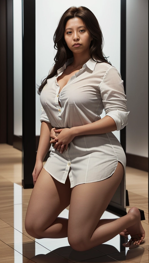She is dressed in a white button-down shirt that hugs her figure, highlighting her large natural breasts, and a black skirt.
Latina.
Inside a glass display case.
Located in a room with white walls and evenly illuminated by white lighting.
((((kneeling, kneeling))))
Even though it has some extra weight, it still looks amazing.
The image should capture the full-figured woman within the confines of the glass display case.
Neutral facial expression, gaze fixed on the camera but devoid of any emotion. (((full body view, full body photo)))), ((full body view)), ((large natural breasts)), ((overweight)), (((hyperrealistic)) ), ( ( over weight)),
Masterpiece,
perfect edges,
ultra realistic,
perfect anatomy,
realistic skin texture,