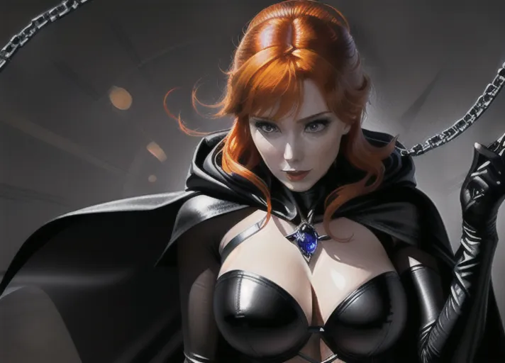 Sweet bright cheerful beautiful elegant auburn haired in a low hanging bun wide sparkling sapphire eyed Queen Anna of Arendelle in black sexy leather and satin attire with a large hooded full length cape obscuring her features in deep shadows lashes out with a woven leather whip against a strapped-up prisoner.
horror