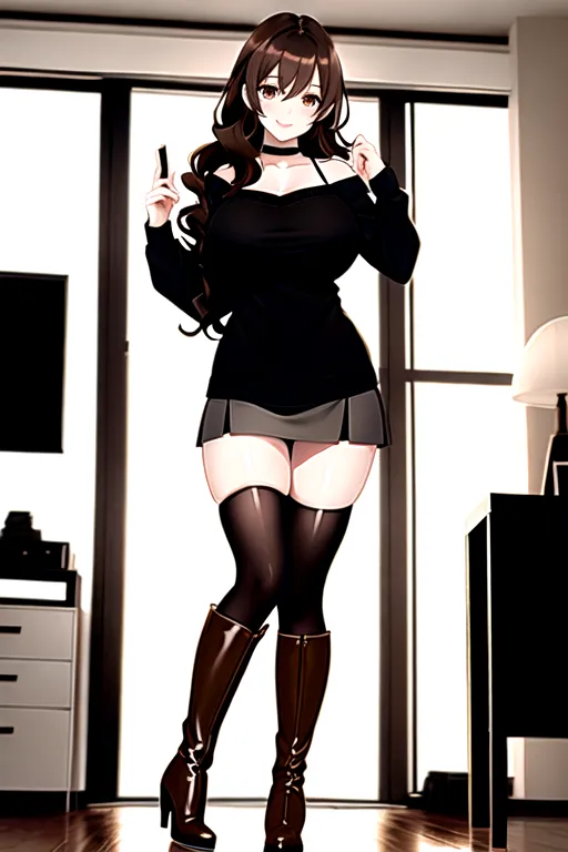 thigh high socks, miniskirt, brown hair, choker, brown eyes, pale skin, giant breasts, boots, high heels, looking at viewer, walking across room, living room, 1girl, smiling, wavy hair, 8K, Full body photo
