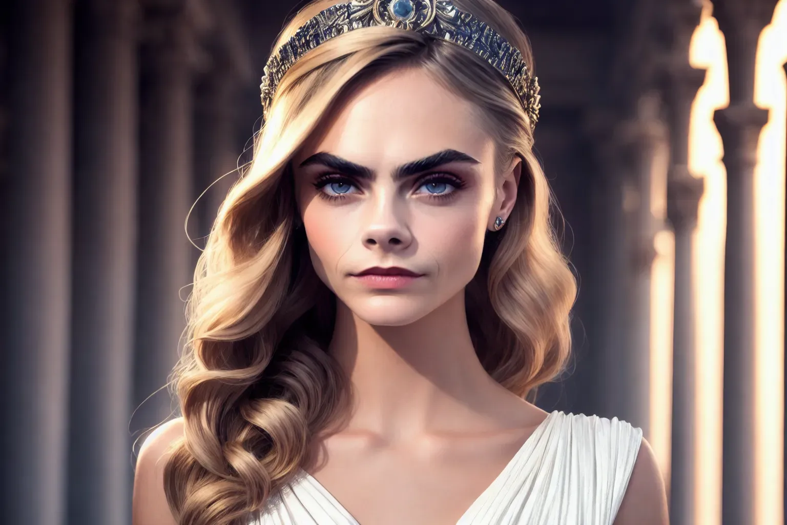 a high definition (wide shot) (full body shot) photograph of single woman (cara delevingne as a Greek Goddess),(in an Grecian Temple)(wearing a diaphanous toga)(Bedlah), ,(Sly)(lascivious)(Tempting),(accurate face),(pinup art),(sexy active pose)(upskirt), (slender build)(Athletic Build)(skinny)(thin)(perfect tight ass), (very small breasts), five slender fingers, (Long layered hairstyle), beautiful face, beautiful lips, detailed eyes, curved eyebrows, cinematic lighting, studio lighting, professional, editorial