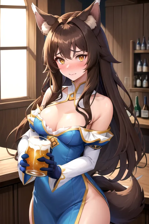 best quality, highres, ultra-detailed, wolf, wolf girl, wolf_ears, wolf_tail, fluffy_ears, fluffy_tail, ((long tail)), (((darkbrown_hair))), yellow-brown_eyes, (((small_breasts))), covered_breasts, upper_body, lower_body, cleavage, very_long_hair, (((detailed hands))), (((good hands))), only two hands, 18, young aduld, highly detailed, wide shot, tavern, (holding one jug of beer), tavern, adventurer outfit, well dressed, blue dress, isekai, cute, innocent, blush, (((shy))), happy, standing behind a counter, (((correct anatomy))), medival, ((sfw)), safe for work, clothes, adventurer clothes
