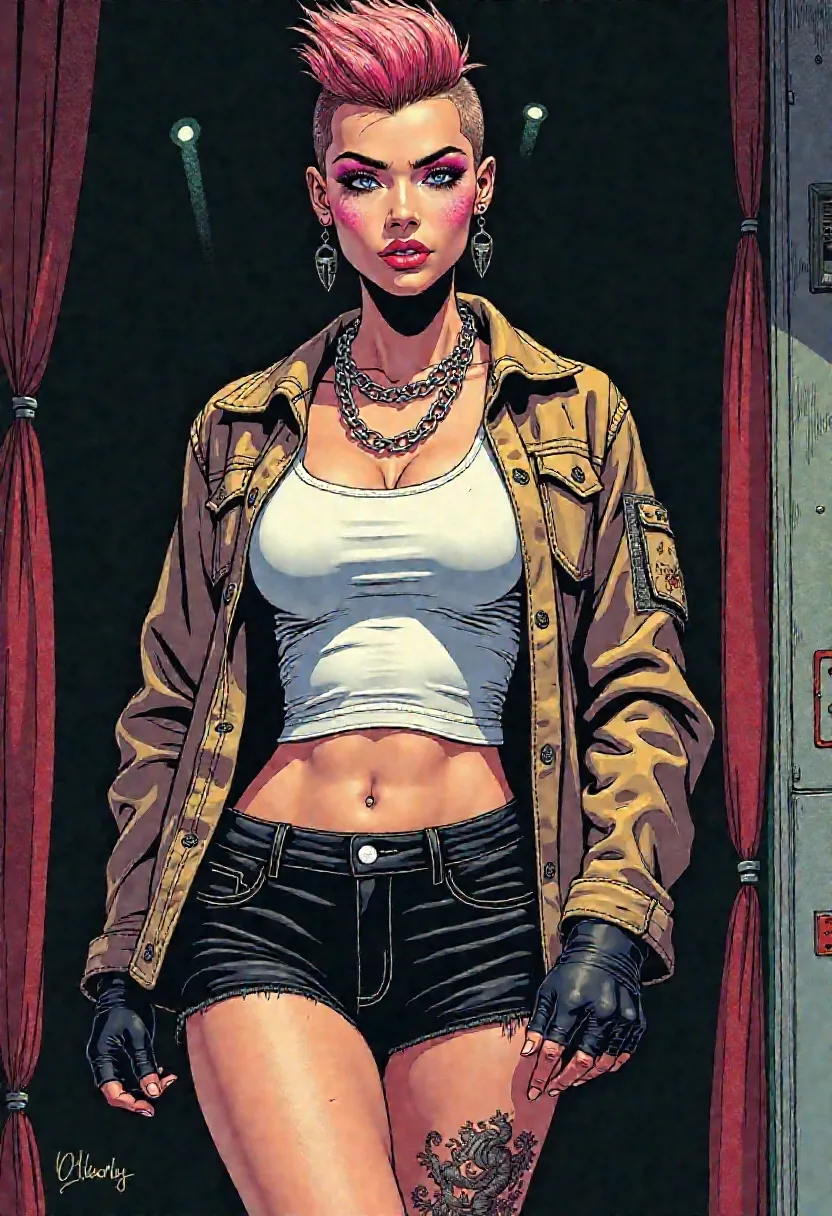 Abbi Rose, (SFW), punkrock girli with itty bitty chaos and grown-ass posture, rendered in hand-drawn realism with bold contouring, noir shadow play, and pop-art tension
compact frame, fauxhawk in faded magenta, razored sides with jagged pixie tufts styled like static in freeze-frame, angular face half-lit in harsh contrast, wide black-lined eyes, neon-pink gloss on parted lips cracked into a knowing grin
white fitted tank top smeared with glitter and streaked makeup, stretched tight across her frame
loose flannel shirt in chartreuse and eggplant harlequin pattern, sleeves rolled, oversized and aggressive, worn loud
super short black denim Daisy Dukes, raw at the hem and belted high, black rose tattoos inked across her thighs in stark black linework, no color, just memory and design
thin silver chains loop her neck in messy tiers
posed in a 3/4 portrait from head to mid-thigh, hip angled, arms relaxed, eyes locked
set on a dim sound stage, background lost to curtain folds and scaffold shadows, noir-style side lighting casts deep shadow along her jaw and thigh, soft bloom catches in glitter dust, and a faint mist-like aura wraps her silhouette—barely visible, more suggestion than effect, like the memory of smoke around someone who already burned