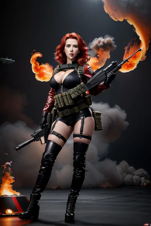 extremely high quality,8k,ultra high definition.extremely detailed, lifelike photograph of,scarlett johansson, highly detailed skin texture,highly recognizable accurate very detailed facial features, professionally shot on a high end camera,utterly realistic, professional studio lighting, volumetric lighting,(((full body in frame)))
scarlett johansson smokey sexual professional makeup ,huge round beautiful big bimbo breasts, perfect breasts,
ultra vivid red hair
dressed in tight black leather military combat gear,large Russian flag emblem prominent on clothing,Romanoff printed on name tag,bullet proof vest,ammo pouches,grenades,shotgun cartridge belt,knifes, huge chunky combat boots,massive sniper rifle,
(((erotic photo shoot))),video cameras studio equipment,monitor screens and lighting in background,large tv on wall showing scarlett having sex, scarlett appears on monitors around the studio,(((background is a detailed war zone,explosions,fighter planes,military vehicles,solders,missiles,battle tanks,guns,bombs,lots of fire,lots of smoke,flames,scarlett is running)))
