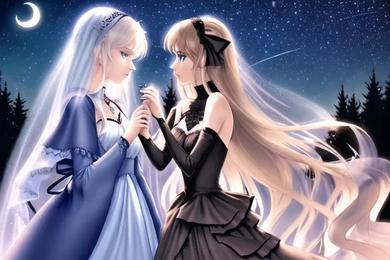 Tall, tall pretty frail skinny, blue-eyed pastel transgender woman, kissing, short thick, goth woman, brown-eyed, holding waist, playing with hair, Outdoors, night sky background, twinkling stars, crescent moon, landscape, pine forest Zoomed out,
